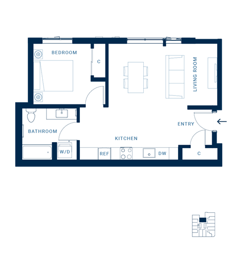 Floor plan for 1 bed, 1 bath, 633 sqft